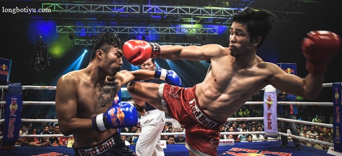 Two athletes are engaged in a dynamic kickboxing match inside a ring, surrounded by a cheering audience. One fighter, wearing red gloves and shorts, executes a high kick towards his opponent, who attempts to block the attack with his arm. The background features colorful lighting and promotional banners.