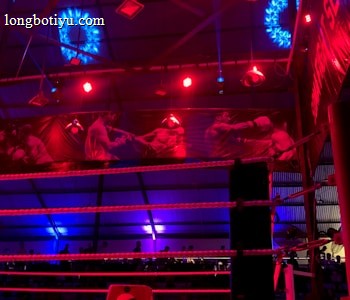 A brightly lit boxing or wrestling ring with vivid red and blue lights. Banners with images of fighters hang from the ceiling. The ropes of the ring are prominently visible, and a stool is placed inside the ring. The arena is filled with an audience, silhouetted against the colorful lighting.